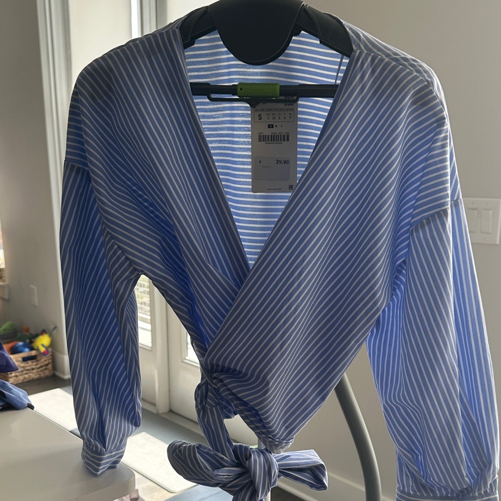 Zara Blue and White Striped Wrap Top